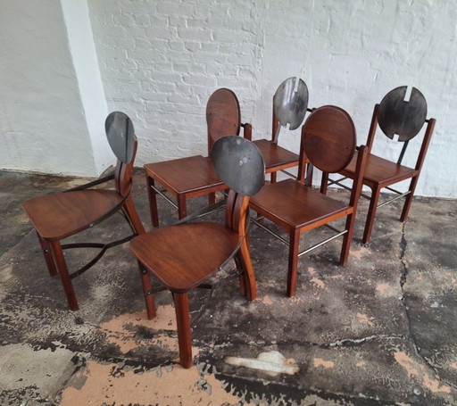 Set di 6 sedie da pranzo brutaliste in teak e acciaio di metà secolo, anni '60