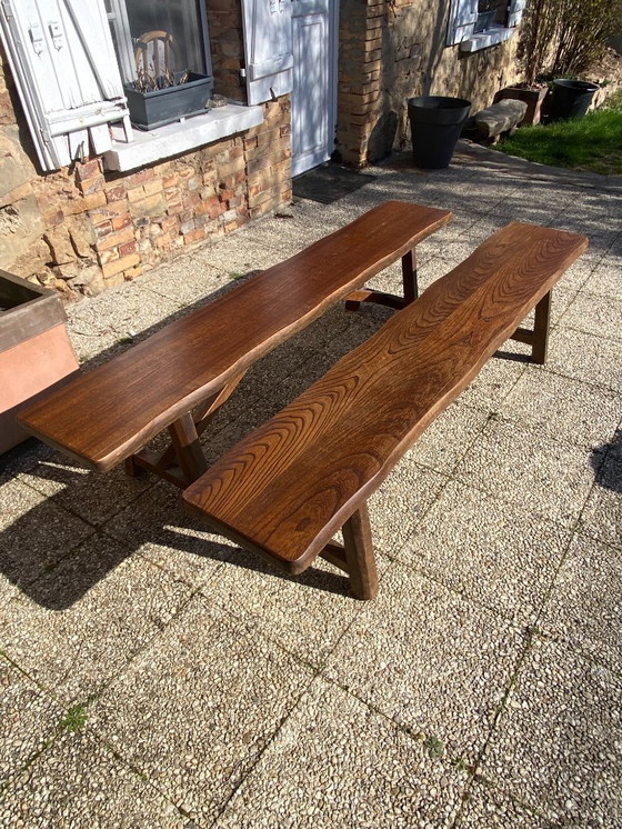 Image 1 of Pair of elm benches for a rustic brutalist farmhouse table, 1950s