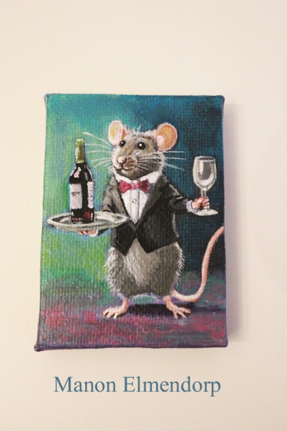 Image 1 of Unique Hand-Painted Small Painting Mouse Waiter Signed