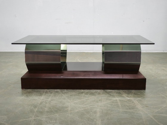 Table basse italienne en chrome, verre fumé et bois, années 70, style Willy Rizzo – Tables basses, Wood (photo 12 of 13)