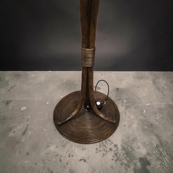 Mid-Century Bamboo Floor Light with Opal Glass Sphere, circa 1970s, Rattan, Brown, Vintage (photo 10 of 10)