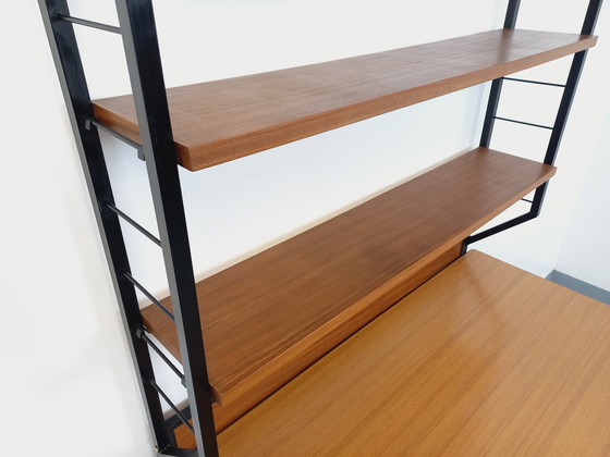 Image 1 of Italian modernist desk with built-in modular string bookcase in teak, metal and melamine from the 60s
