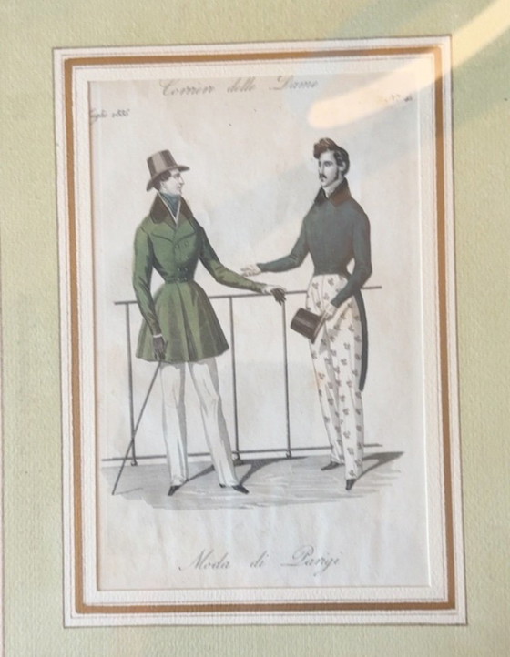 Antieke Handgekleurde Modeprent 1835 – Corriere Delle Dame – Ingelijst – Litho's & Zeefdrukken, Glass, Paper (photo 3 of 5)