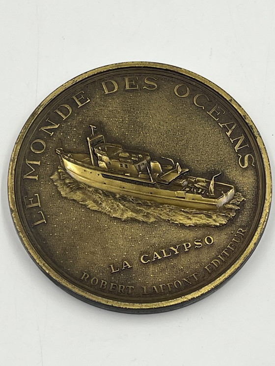 Kommandant Jacques-Yves Cousteau Medaille von R. Duboc, Robert Laffont, Dekorative Objekte, Bronze, Gold (Foto 7 von 9)
