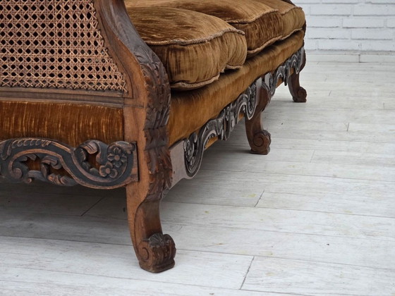 Image 1 of 1930-35s, Danish 3-seater sofa, furniture velour, furniture mesh, carved ash wood.