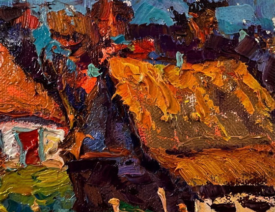 Original Oil Painting Rural Houses Landscape The Sun Over The Village – Paintings & Drawings, Canvas (photo 4 of 8)