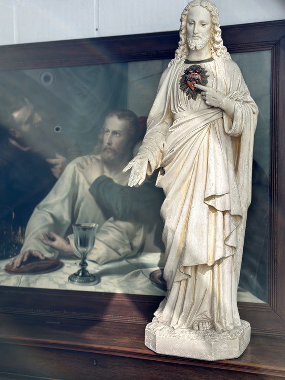 Große antike Herz-Jesu-Statue aus Gips – 105 cm – Bildhauerei, Other (photo 3 of 15)