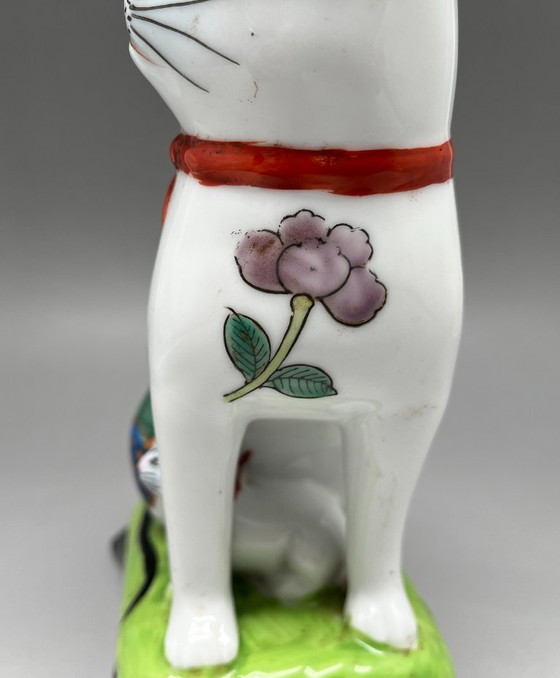 Image 1 of Hand-Painted Ceramic Figurine – Cat with Kitten – Asian Decor