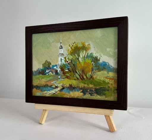 Original Oil Painting Evening Church Landscape At the village church