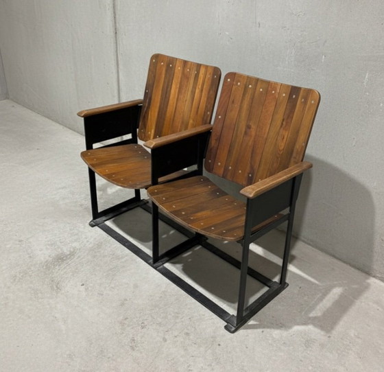 Image 1 of Banquette Vintage Chaise Double / Pair Of Wooden Joined & Fixed Theatre / Cinema Seats On Black Metal Frame