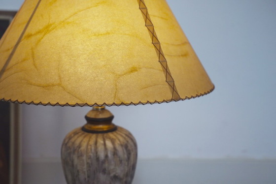 Image 1 of Vintage Italian Neoclassical Urn Table Lamp Faux Marble Stone Ceramic Lamp Parchment Shade Organic Modern Mediterranean Lighting