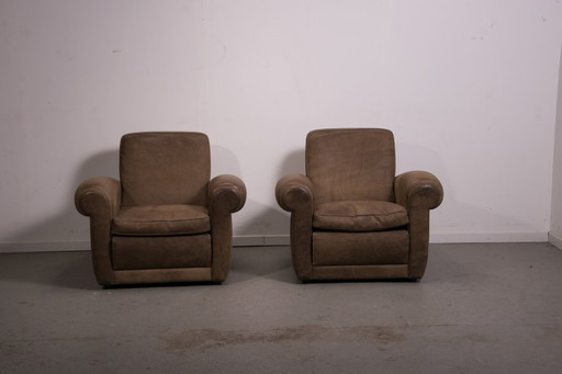 Mickey Armchairs by Baxter Italy in Nabuk Camel Leather. Circa 1998