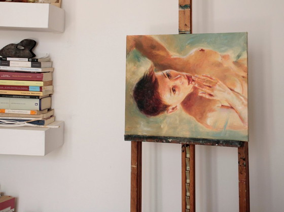 Jara Marzulli. Oil and Acrylic Painting. "Psyche and the Attesa del Bacio" – Paintings & Drawings, Canvas (photo 6 of 6)