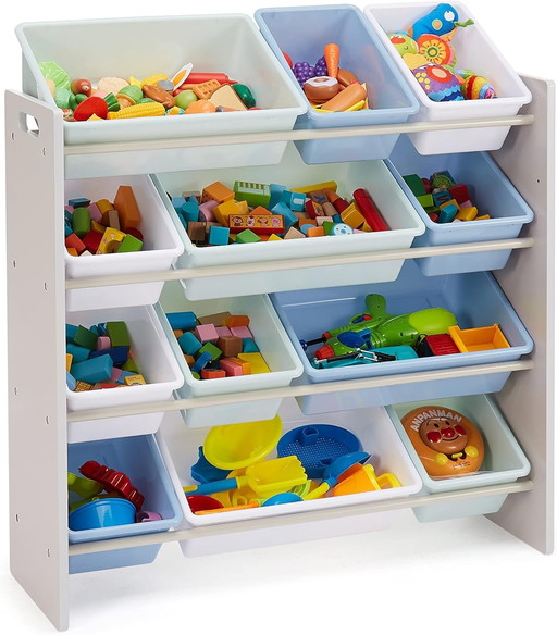 12 Niveaux Rangement pour jouets avec 12 bacs en plastique - Bois gris avec bacs bleus, 10.9" x 33.6" x 31.1"