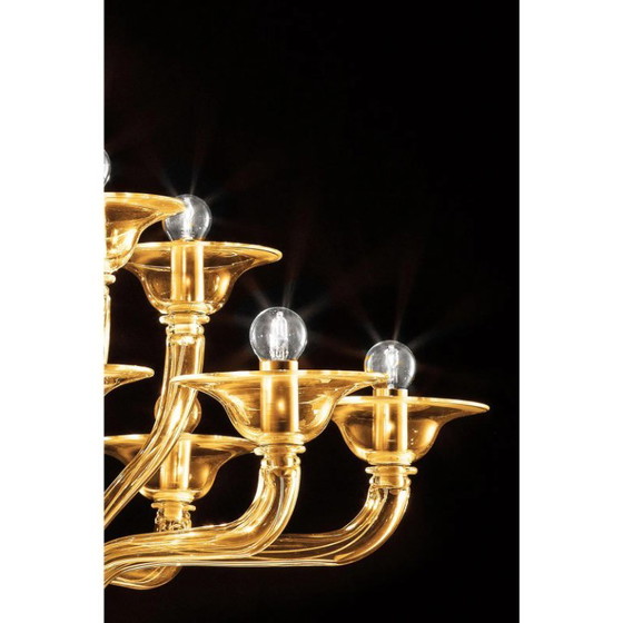 Image 1 of Moderner, bernsteinfarbener, linearer Kronleuchter aus Muranoglas in Gold im zeitgenössischen Stil