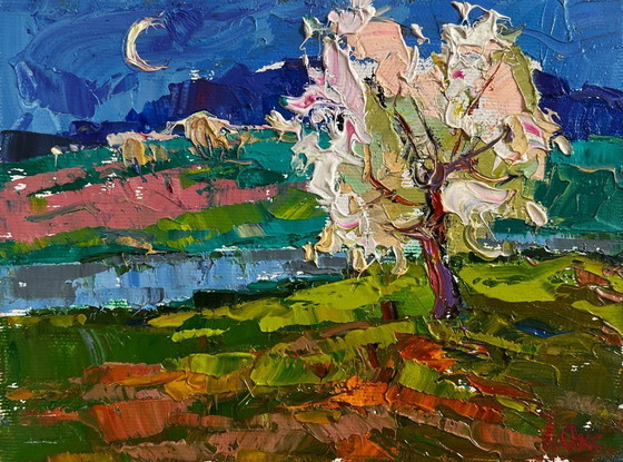 Image 1 of Original Oil Painting Spring Night Landscape Wild pear near the river