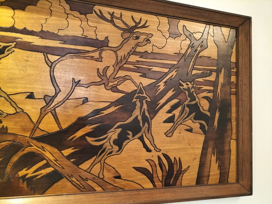 Image 1 of Tableau mural vintage en bois style milieu du siècle par Michelli – Grand panneau représentant une scène de chasse