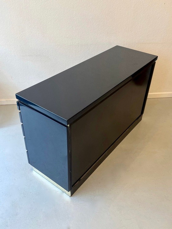 Image 1 of Commode en bois laqué bleu et laiton par Jean Claude Mahey vers 1970