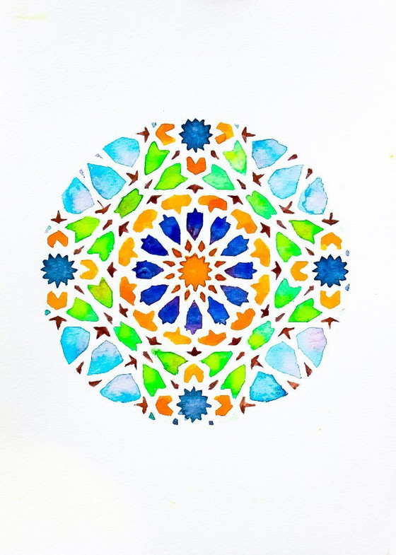 Image 1 of Acuarela original azulejo mozárabe. Cuadro azulejo árabe. Pintura geométrica. Acuarela con motivo geométrico. Nueva.