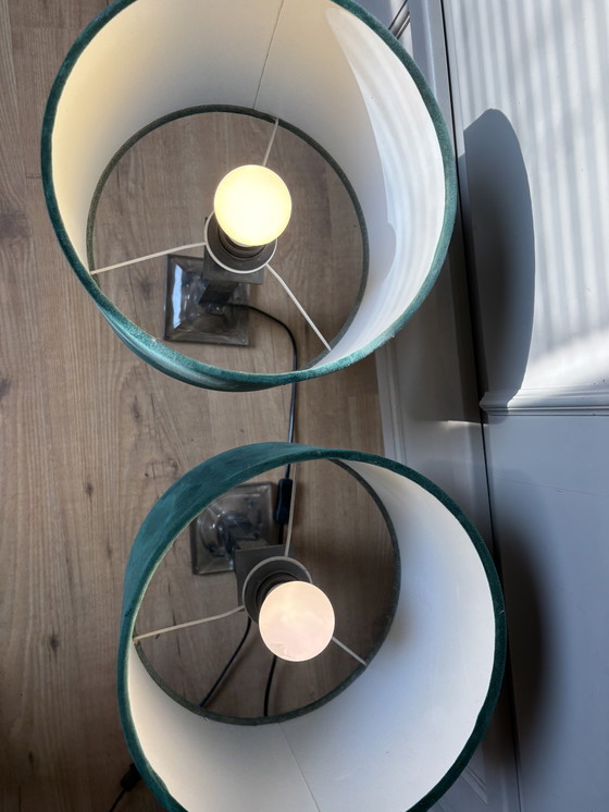 Image 1 of Set Of 2 Table Lamps With Smoked Glass Base And Green Velvet Shade