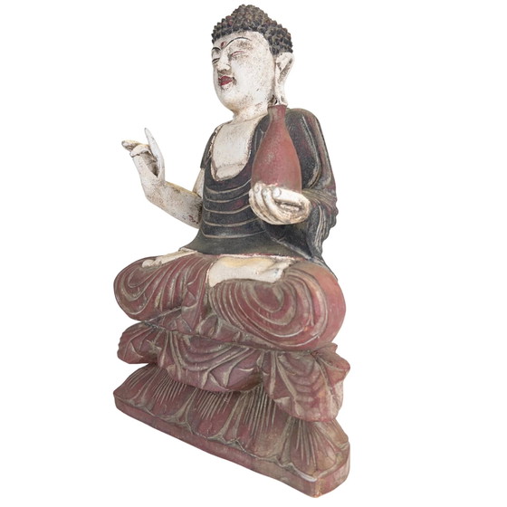 Statue Bouddha de la Médecine Chinois sur Trône de Lotus – Bois – H 43 cm – Sculptures, Wood (photo 8 of 10)