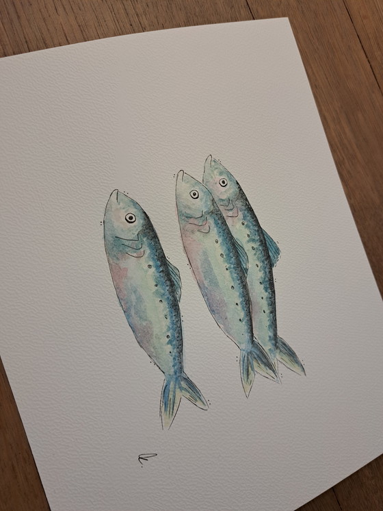 Image 1 of Watercolor painting of sardines | Gold-colored frame