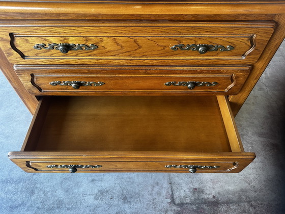 Vintage eikenhouten commode met 4 lades - honingkleurige patina – Fabrication Artisanale mi-XX e siècle (photo 15 of 15)