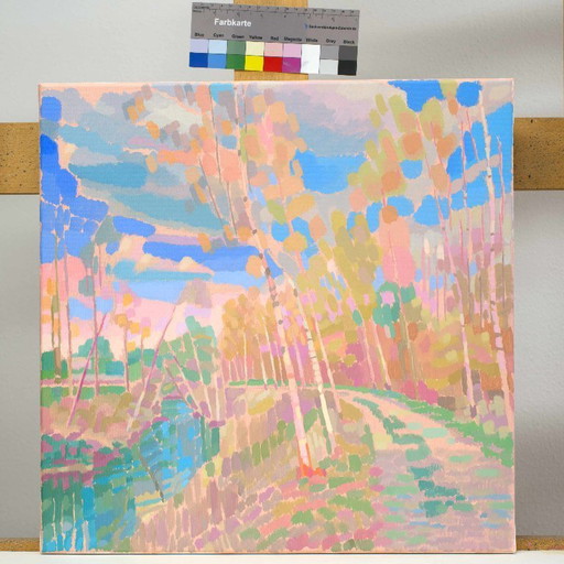 Painting of birch trees by a river, hand-painted unique piece, nature, landscape painting, sky, acrylic painting 50x50cm