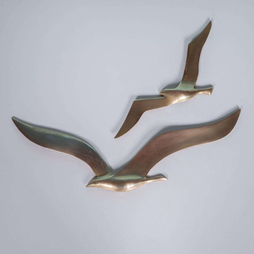 Vintage set Brass seagulls 60s, brass bird wall decoration