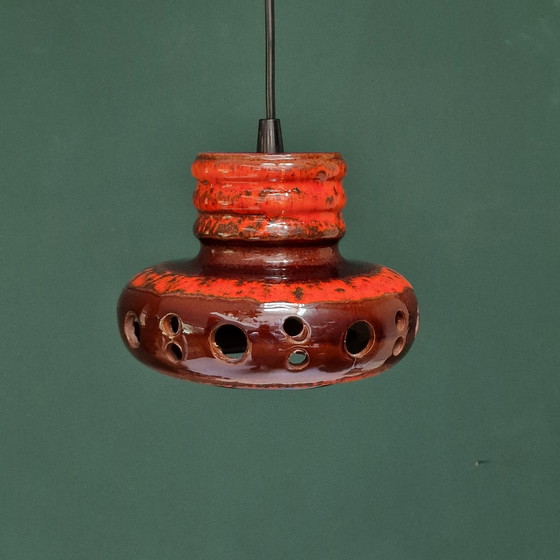 Image 1 of Vintage Herda rood / bruine hanglamp gemaakt van keramiek. Fat lava hanglamp. Diameter 20 cm. Retro lamp. UFO lamp.