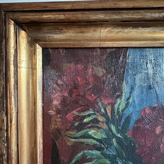 Image 1 of Vintage Oil Painting – Red Peonies in White Jug, Signed FAE, Expressive Floral Still Life, Belgian School Framed Artwork, 20th C