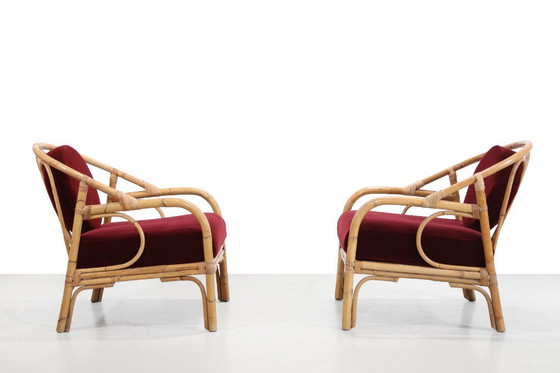 Image 1 of Set of 2 bamboo and rattan armchairs with Bordeaux red Mohair