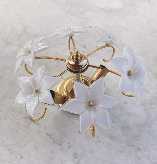 Plafonnier Floral Vintage Italien Murano, 6 Fleurs en Verre Soufflé Blanc