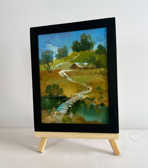 Origineel olieverfschilderij: Dorpsbrug, Landschapspad langs het dorp