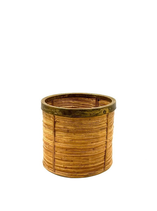 Hollywood regency brass and wicker paper basket, Italy ca. 1970