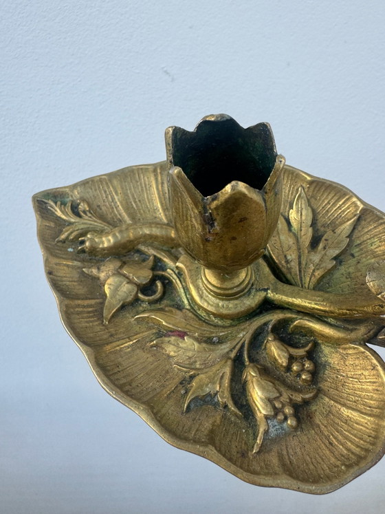 Bougeoir bronze feuille lotus Art Nouveau, Bougeoirs et chandeliers, Doré (photo 14 sur 15)