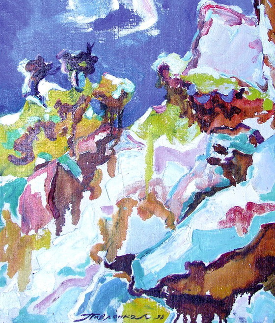 Origineel olieverfschilderij: Landschap, natuur, sneeuw in de bergen – Schilderijen & Tekeningen, Canvas (photo 4 of 5)