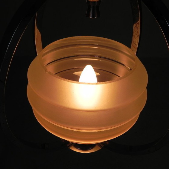 Image 1 of Art Deco pendant lamp with glass shade in a chrome frame, 1930s