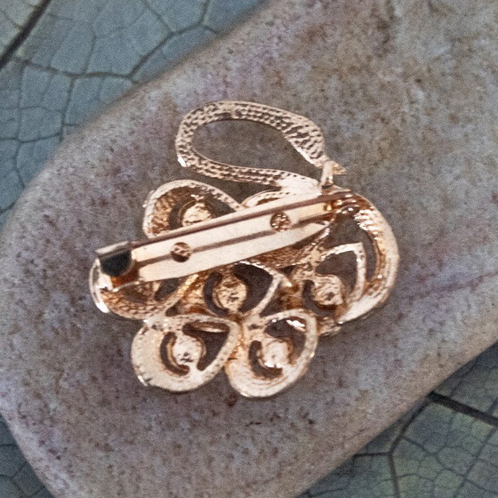 Image 1 of Vintage rose gold metal swan brooch with rhinestones