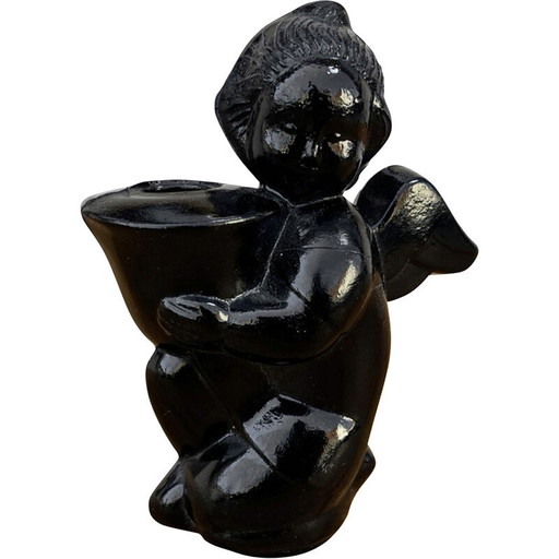 Vintage candlestick representing an angel in hyalite glass for La Verrerie Libochovice, Czechoslovakia 1960