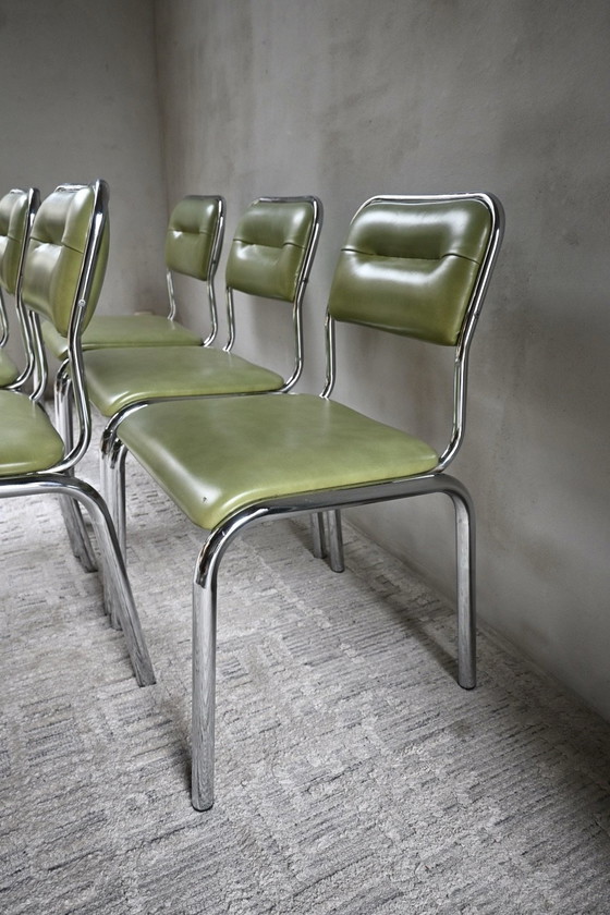 Set of 5 characteristic mid-century dining chairs 50/60, Chrome, Skai, Green (photo 3 of 13)