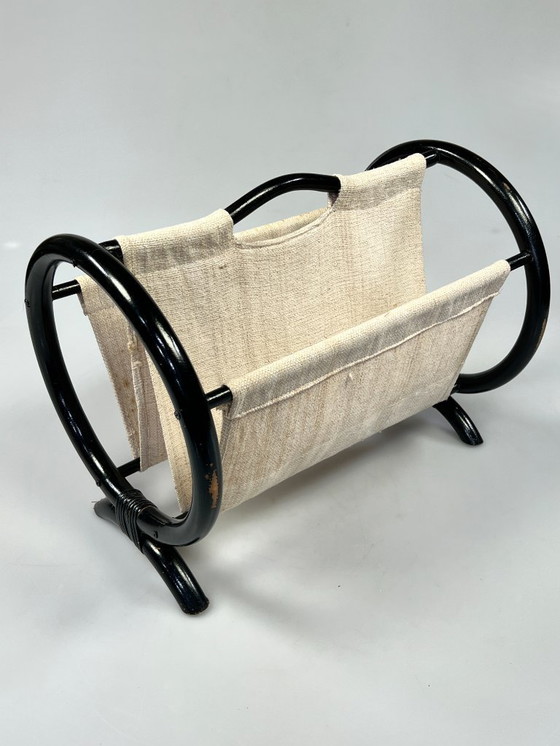 Image 1 of Leggio rotondo vintage / portariviste, rattan nero, anni '70