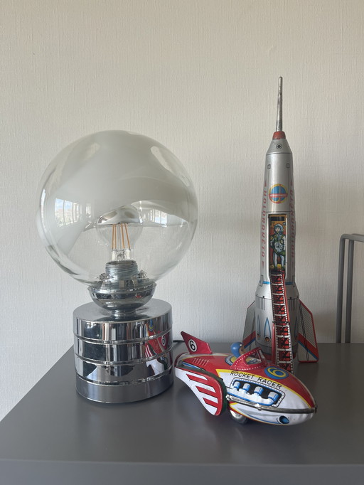 Large Vintage Space Age Table Lamp, Chrome, Glass