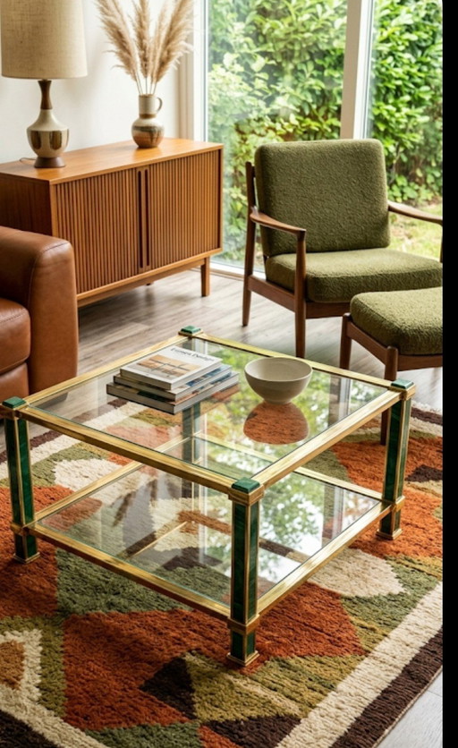 Preciosa mesa de cristal vintage, estilo Hollywood Regency. – salontafels, Glass, Metal (photo 2 of 5)