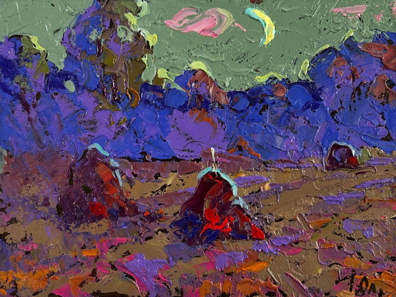 Image 1 of Original Oil Painting Sunset Field Landscape The path into the evening coolness
