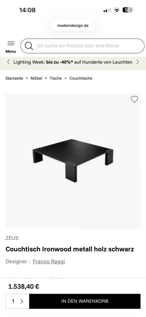 ZEUS Ironwood Coffee Table, 117x117cm, Black