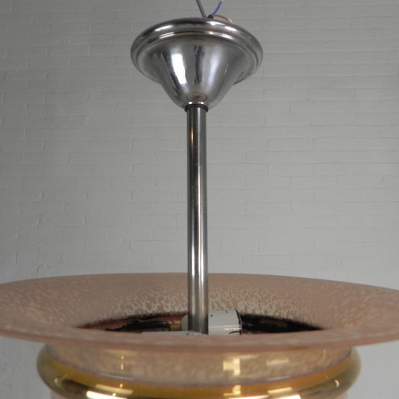 Image 1 of Art Deco hanglamp met glazen schaal van gewolkt glas met een gouden band, jaren 30