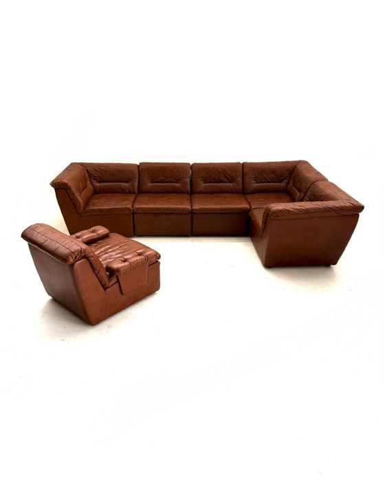 Vintage 6-delige modulaire patchwork elementenbank ‘80, Modulaire banken, Kunststof, Leer, Bruin (foto 10 van 10)