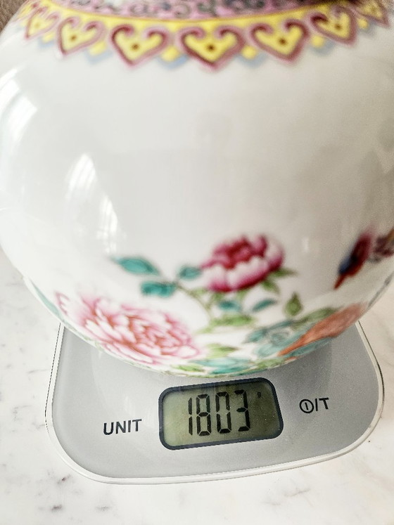 Image 1 of Large Chinese Porcelain Vase Lamp with Phoenix and Peony Decoration, Qianlong Style Calligraphy, H36cm, Excellent Condition
