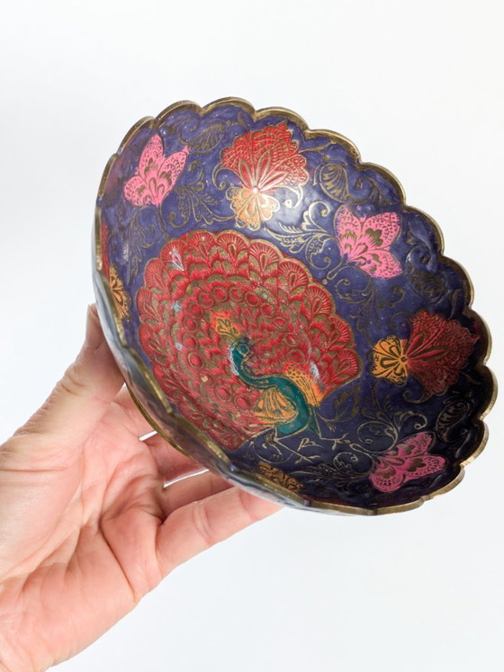 Vintage Brass Peacock Bowl, India Painted Enamel, Scalloped Footed Dish (photo 4 of 14)